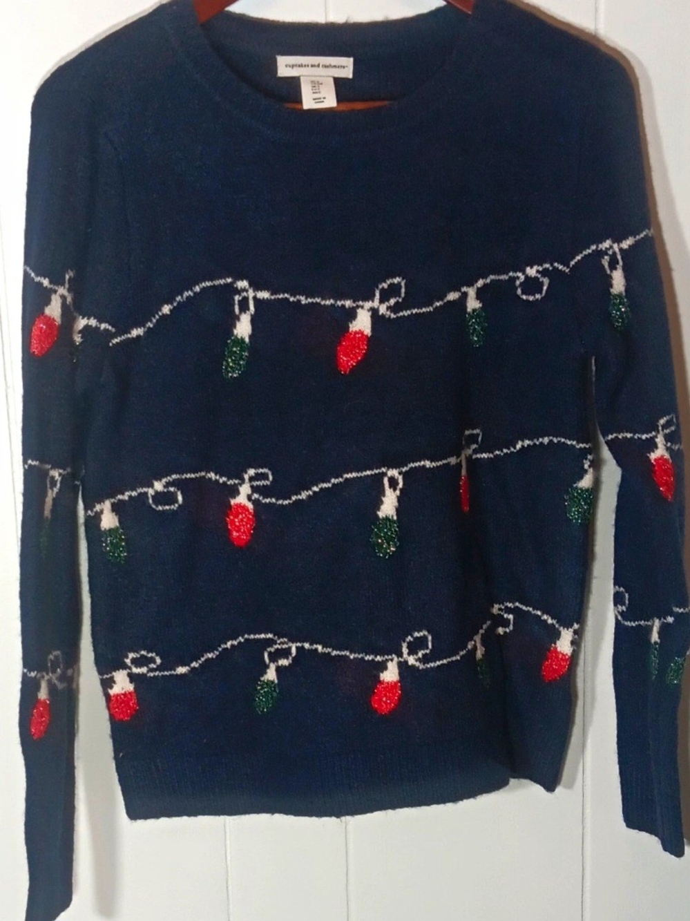 cupcakes & cashmere Navy Crewneck Sweater with Red & Green Light Motif